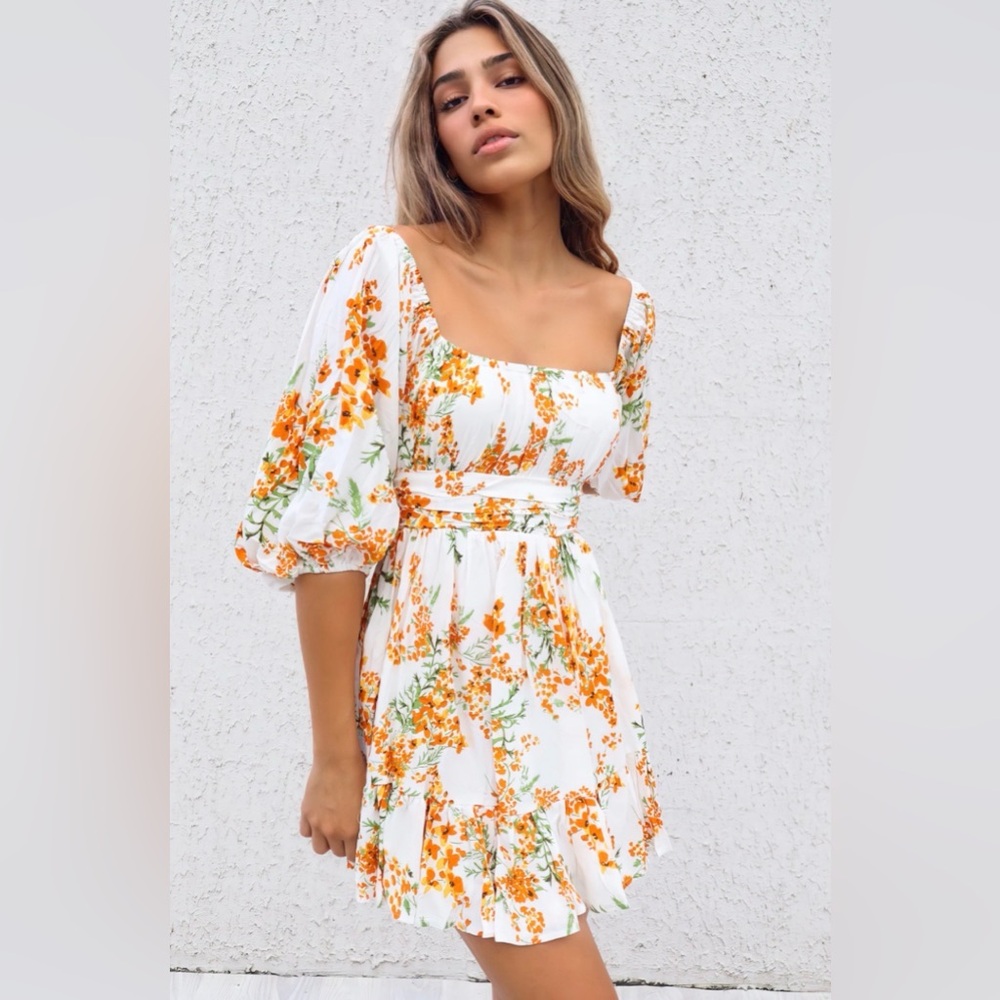 Exlura XS Floral White and Orange Dress